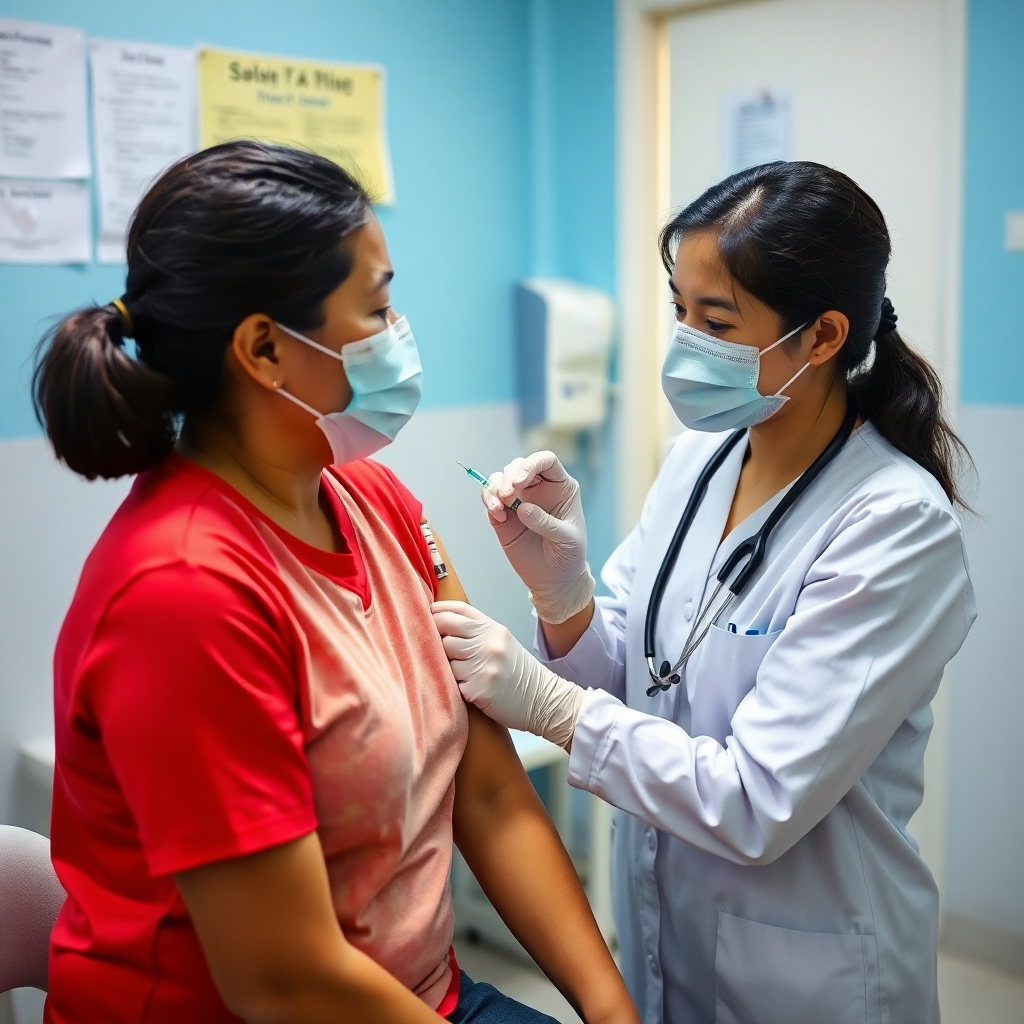 A nurse administering a vaccine to a Filipino worker. Showcase the nurse's professionalism and the cleanliness of the medical environment. Focus on safety and protection.
