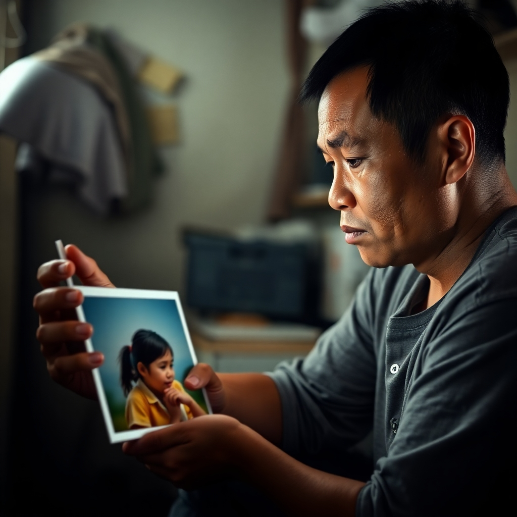  Create a photorealistic image depicting a Filipino worker looking at a photo of their family with a wistful expression. They are in simple overseas accommodations. Soft lighting highlights the emotion on their face. The background is slightly blurred to focus on the worker's expression of longing.