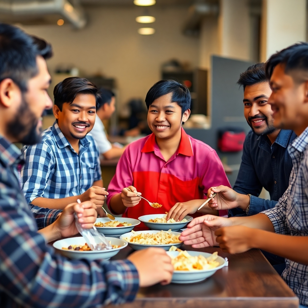  Photorealistic image of a Filipino worker sharing a meal with colleagues from different cultural backgrounds. The setting is a casual workplace environment. The image emphasizes diversity, teamwork, and positive cultural exchange.