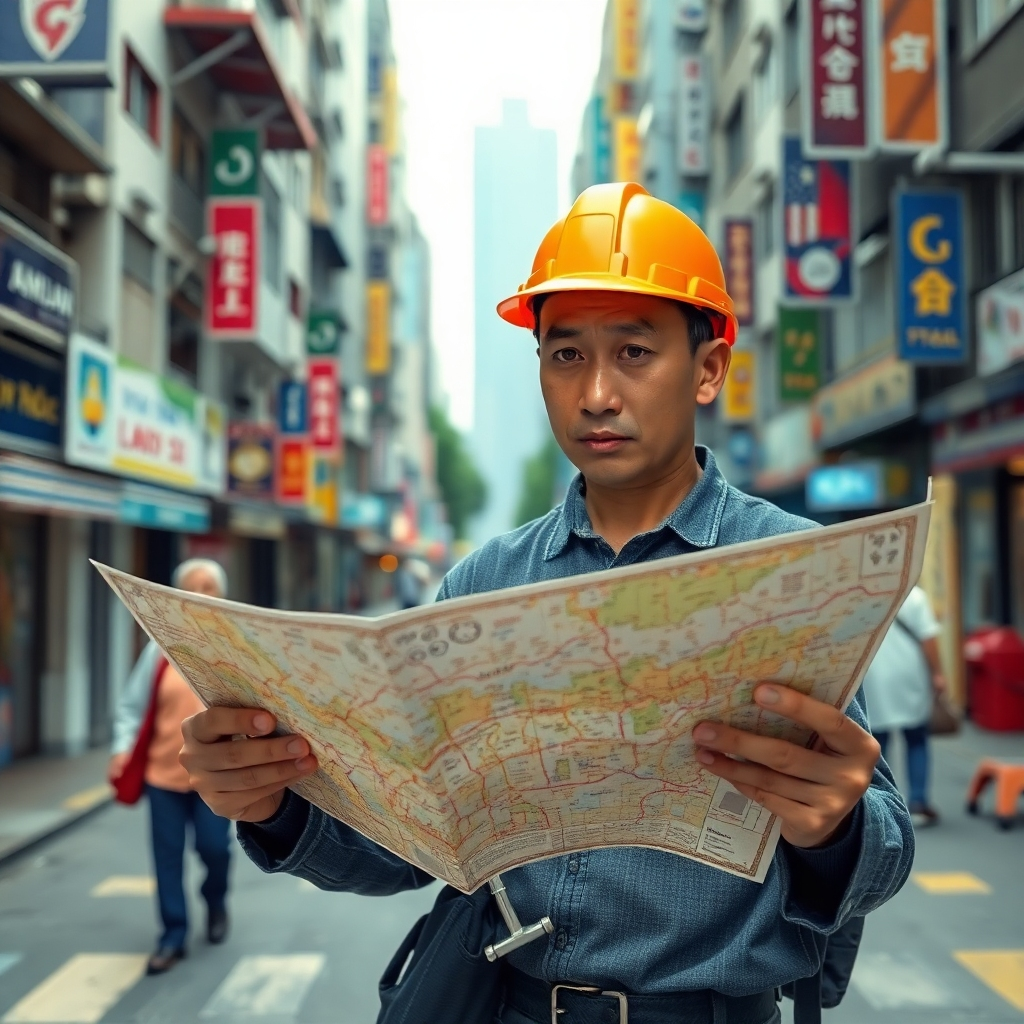 Photorealistic image of a Filipino worker looking at a complicated map in a bustling foreign city. The worker seems slightly overwhelmed but determined. Use realistic street details and slightly muted colors to convey the sense of being in a new environment.