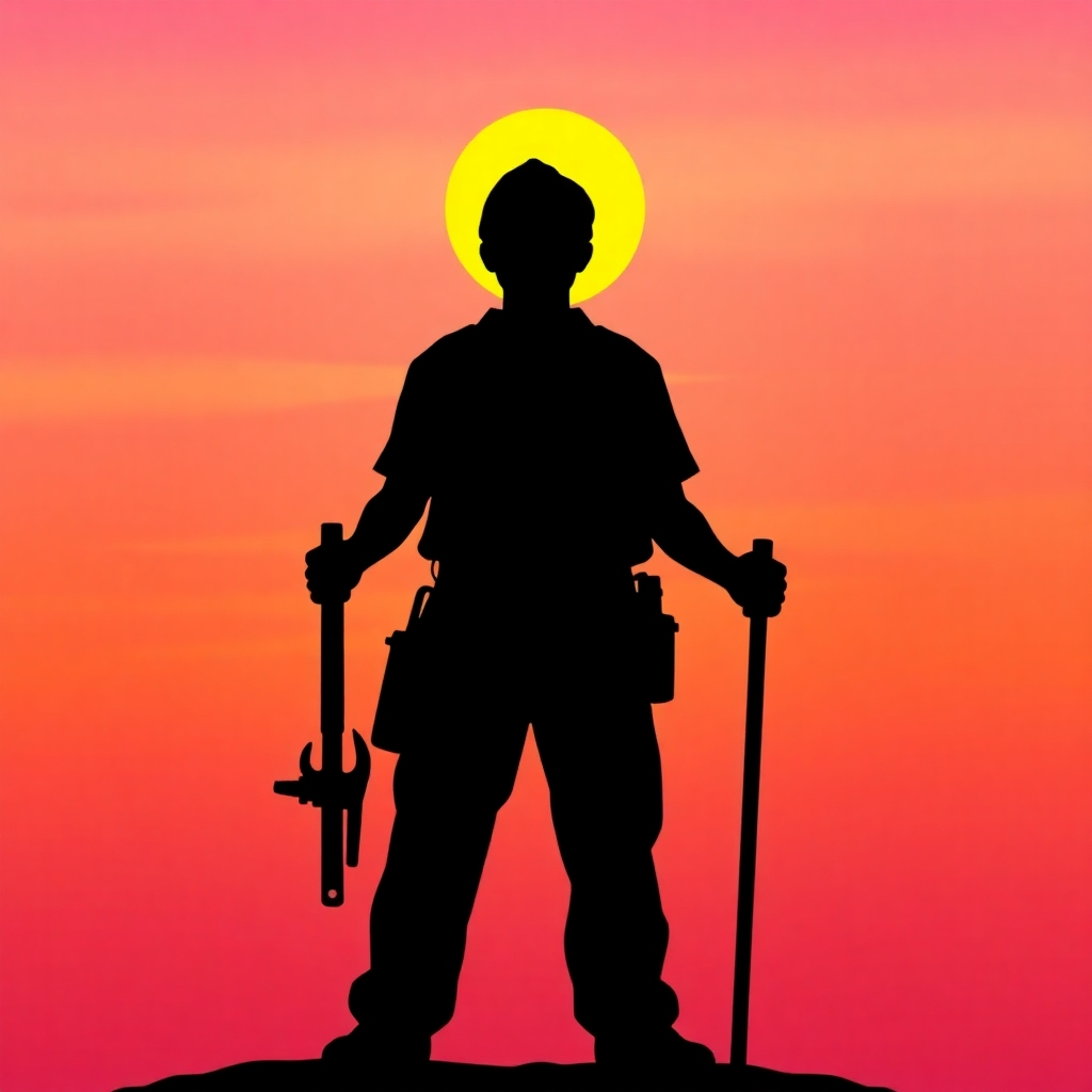  Stylized image of a silhouette of a Filipino worker standing tall against a brightly colored sunset. The worker is holding tools, representing their work. The background gradients from orange to purple, symbolizing hope and overcoming challenges.