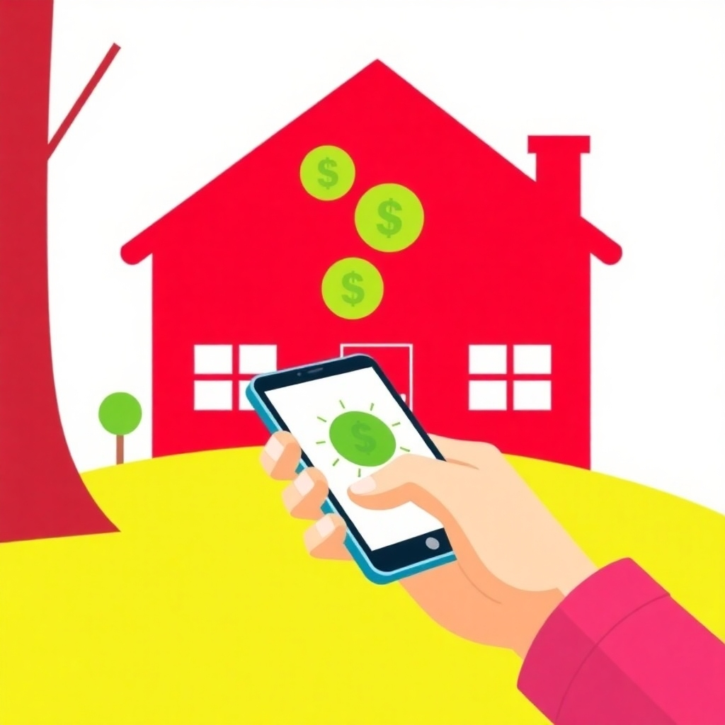 Stylized image showing a hand sending money through a mobile app with a house silhouette in the background, representing financial security and building a home for the family. Use bright, positive colors.